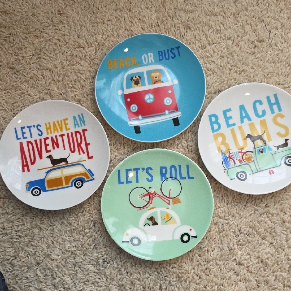 Pier 1 Assorted Appetizer Plates - Beach/Dog Themed Set Of 4